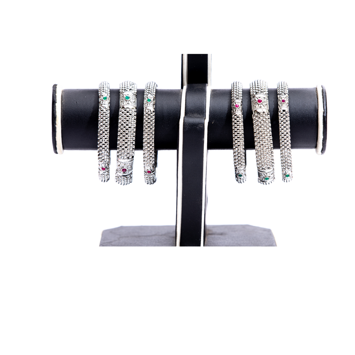 Swara Creations Antique Oxidized Silver Polish Metal Bangles Set with red and green stone work |Original Hand Work for Women and Girls(Set of 6)(SKU177)