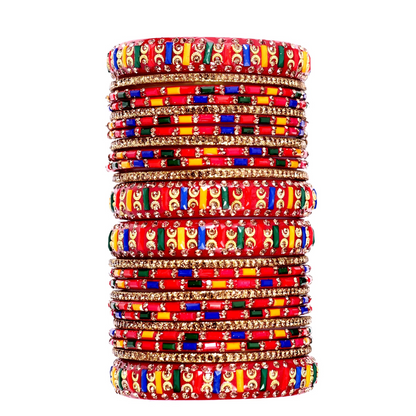 Swara Creations Traditional Glass Bangles Kada Set |  Red & Multicolor Stone Design for Special Occassions for Women & Girls(SKU194)