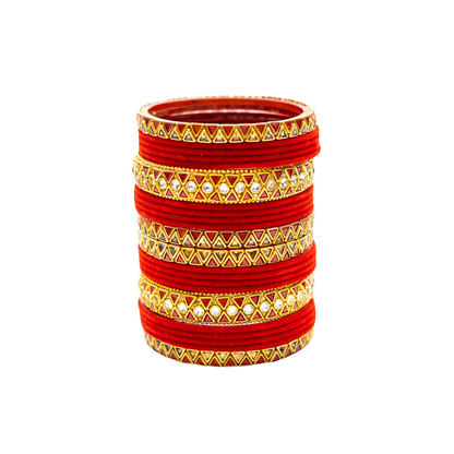 Swara Creations Traditional Glass Bangles set for women/Red and Green Velvet glass bangles/Diamond cutting/Kundan work design bangles for women(Sku253)