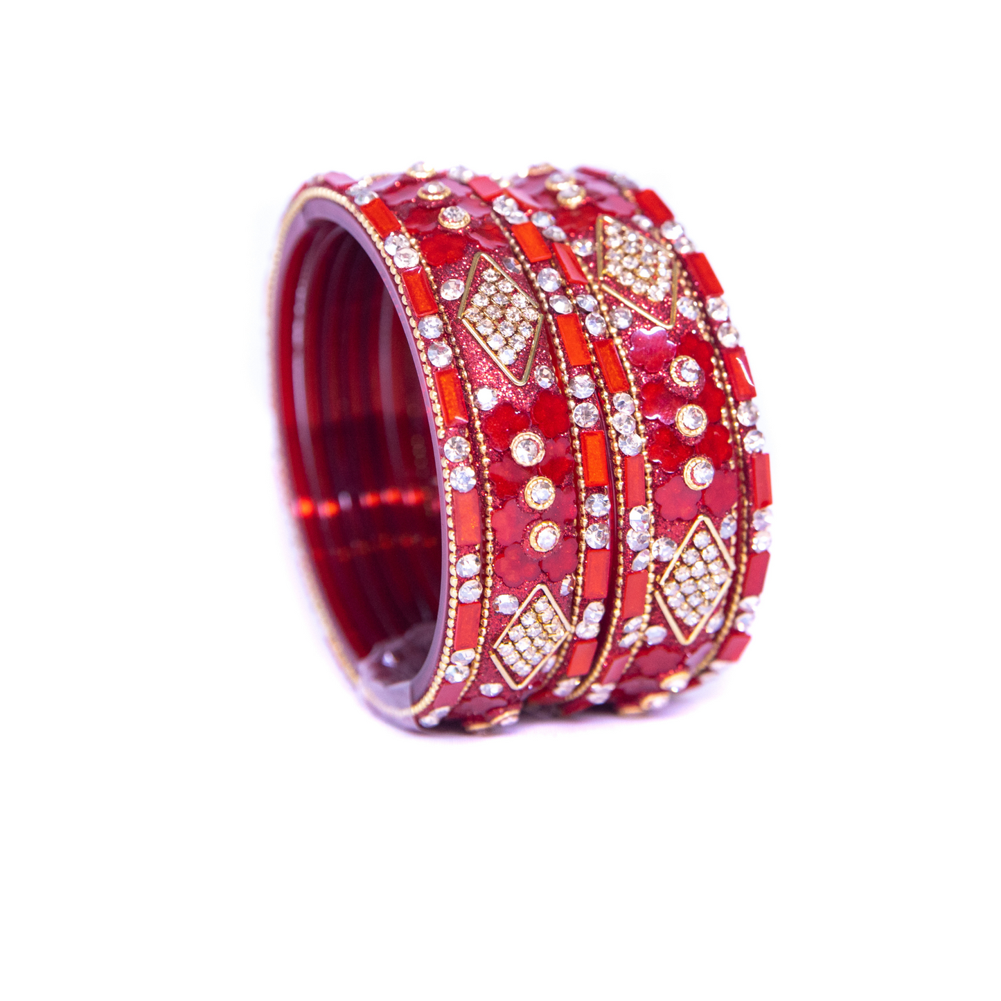 Swara Creations Red Glass Bangles Set | Karwa Chauth Special Bangles set | Shiny Stonework Kundan Bangles for Women & Girl(Sku266)