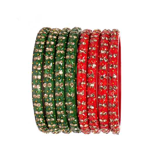 Swara Creations Red Green White Multi color Bangles for Women/Studded with Zirconia stonework/Glass Bangles (8Pcs)(SKU258)