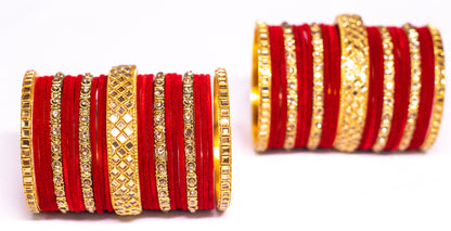 Swara Creations Traditional Red Metal velvet bangles Set with Kundan & Zircon Kadas for Women and Girls|Perfect for Wedding & Festival (25 Pc)