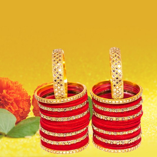 Swara Creations Traditional Red Metal velvet bangles Set with Kundan & Zircon Kadas for Women and Girls|Perfect for Wedding & Festival (25 Pc)