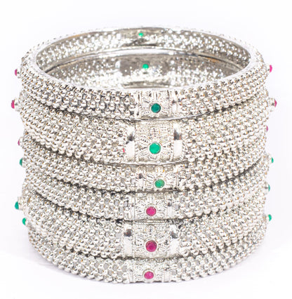 Swara Creations Antique Oxidized Silver Polish Metal Bangles Set with red and green stone work |Original Hand Work for Women and Girls(Set of 6)(SKU177)