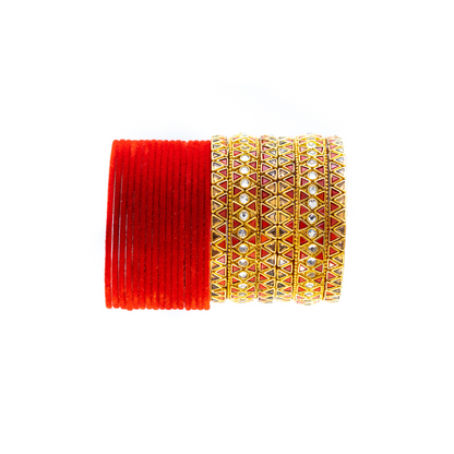 Swara Creations Traditional Glass Bangles set for women/Red and Green Velvet glass bangles/Diamond cutting/Kundan work design bangles for women(Sku253)