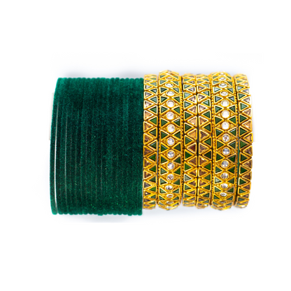 Swara Creations Traditional Glass Bangles set for women/Red and Green Velvet glass bangles/Diamond cutting/Kundan work design bangles for women(Sku253)