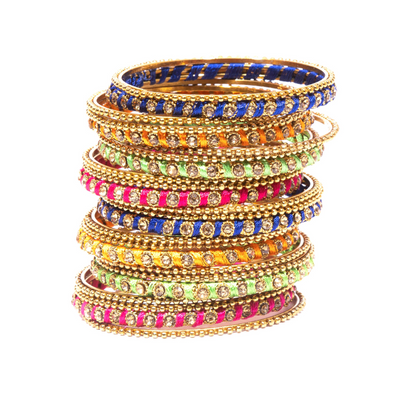 Swara Creations Metal Bangle set wrapped in silk threads with Golden stones for Women & Girls(24pcs)(SKU015)