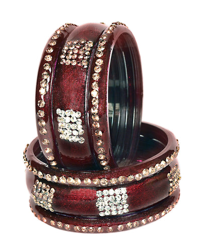 Swara Creations Red Mehrun Glass Bangles set/Golden & Silver stonework Sku(291)(6Pcs)