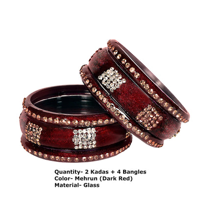 Swara Creations Red Mehrun Glass Bangles set/Golden & Silver stonework Sku(291)(6Pcs)