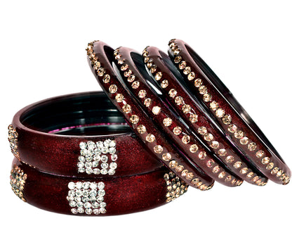 Swara Creations Red Mehrun Glass Bangles set/Golden & Silver stonework Sku(291)(6Pcs)