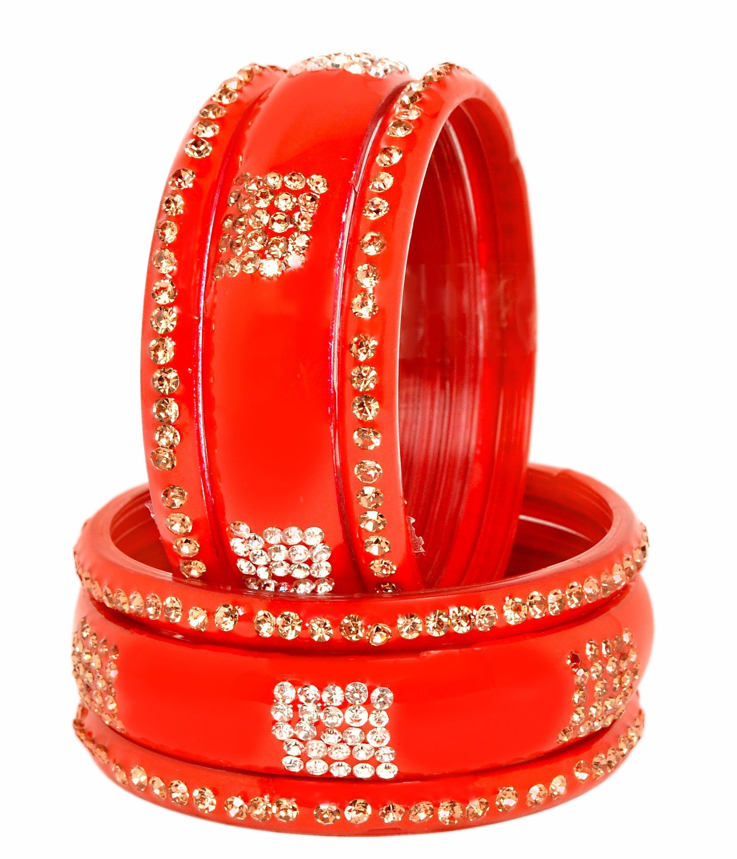 Swara Creations Red Mehrun Glass Bangles set/Golden & Silver stonework Sku(291)(6Pcs)