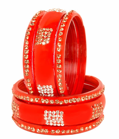 Swara Creations Red Mehrun Glass Bangles set/Golden & Silver stonework Sku(291)(6Pcs)