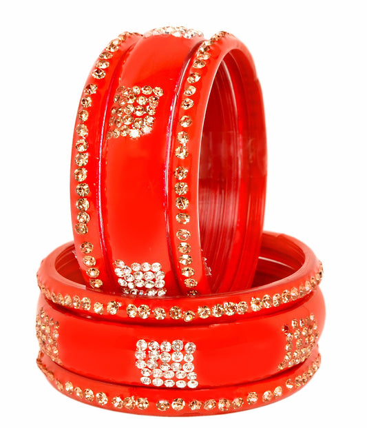Swara Creations Red Mehrun Glass Bangles set/Golden & Silver stonework Sku(291)(6Pcs)