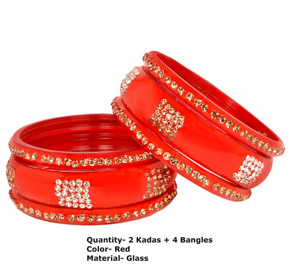 Swara Creations Red Mehrun Glass Bangles set/Golden & Silver stonework Sku(291)(6Pcs)