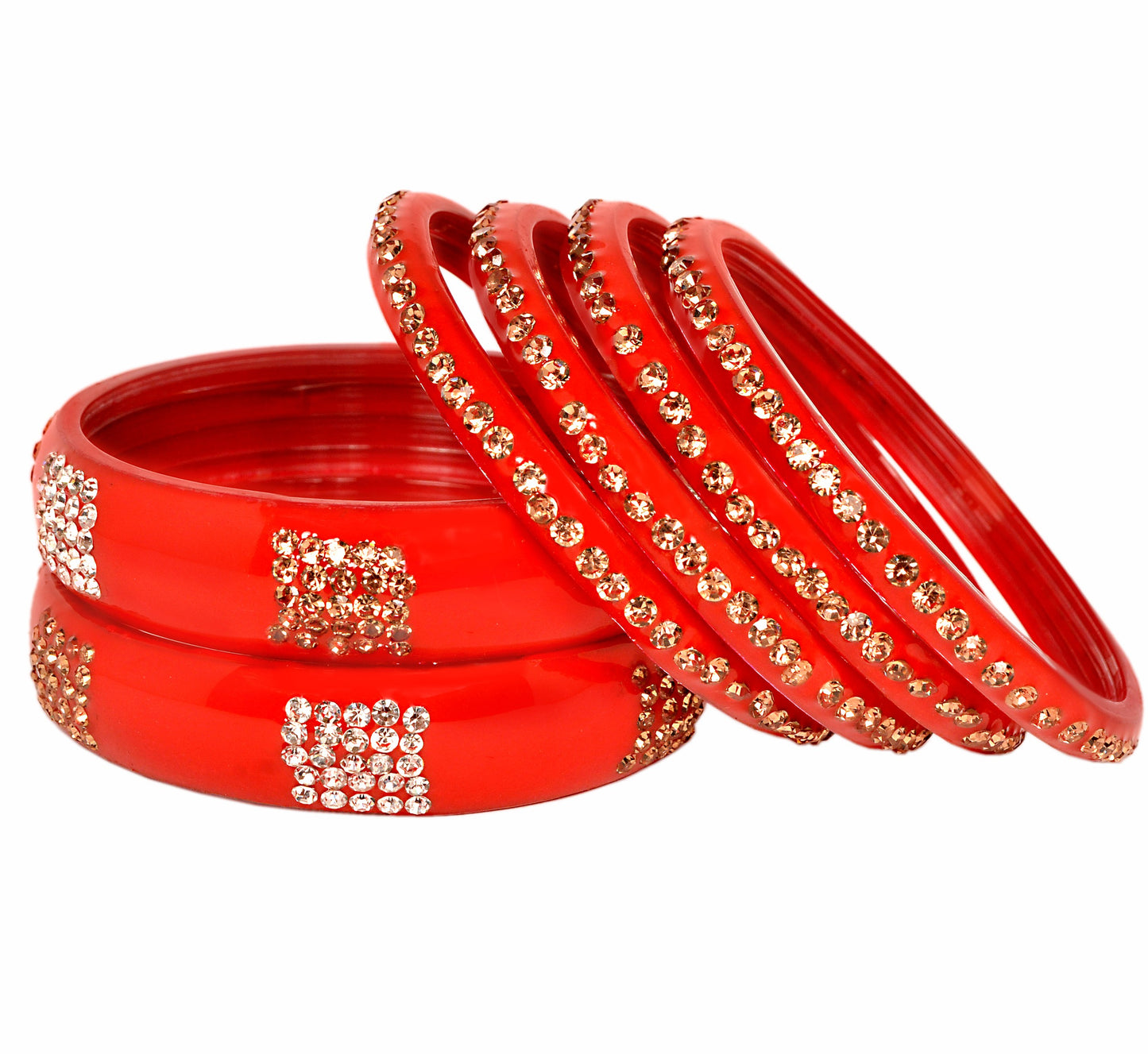 Swara Creations Red Mehrun Glass Bangles set/Golden & Silver stonework Sku(291)(6Pcs)