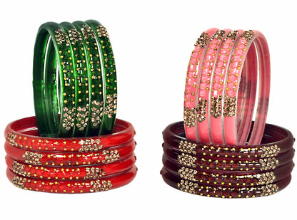 Swara Creations Glass Bangles/Kadas for Women | Studded with Zircon & Golden dots (SKU296)