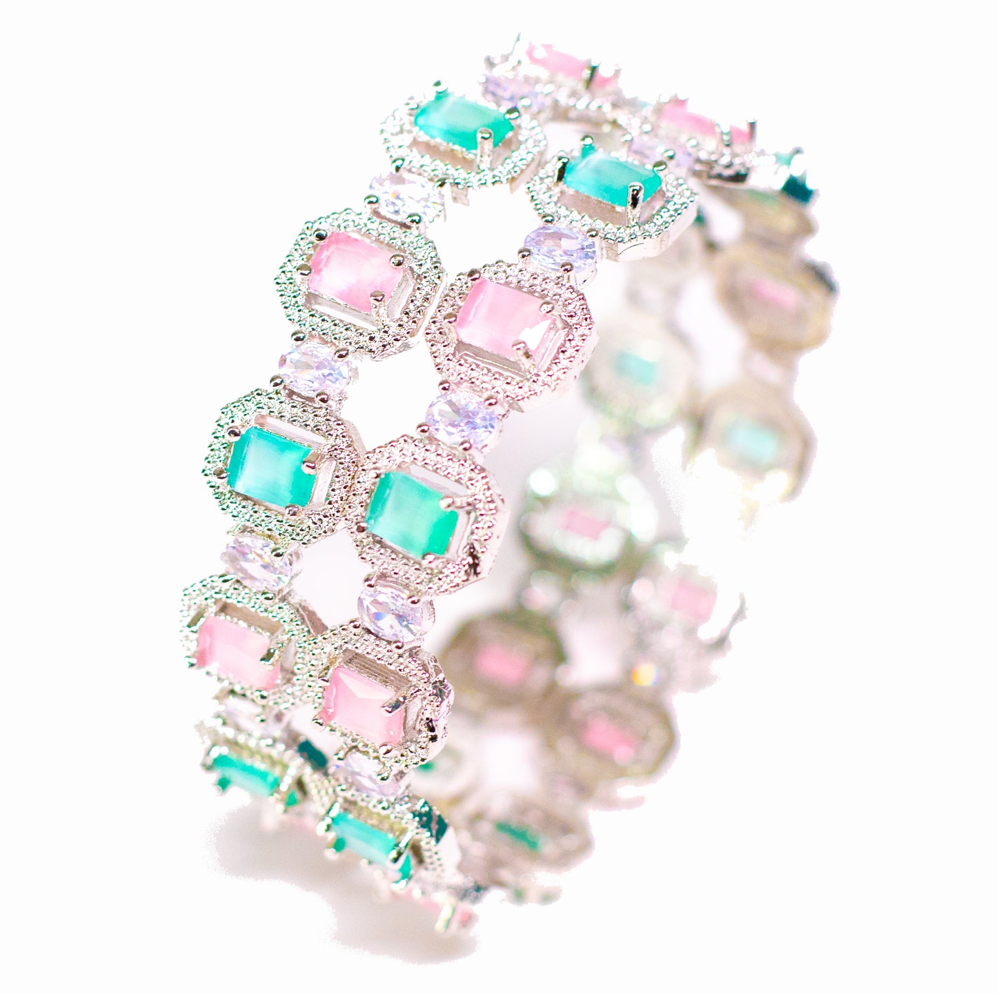 Stone Work Plated Silver Metal Bangle Set