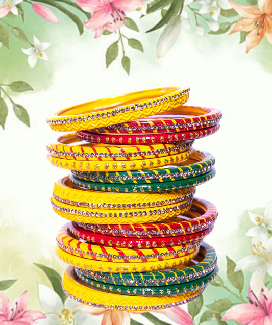 Swara Creations Lah/Lac bangles red,yellow and green color Set, LAHTHI Churi zircon work for Women and Girls(16pcs)