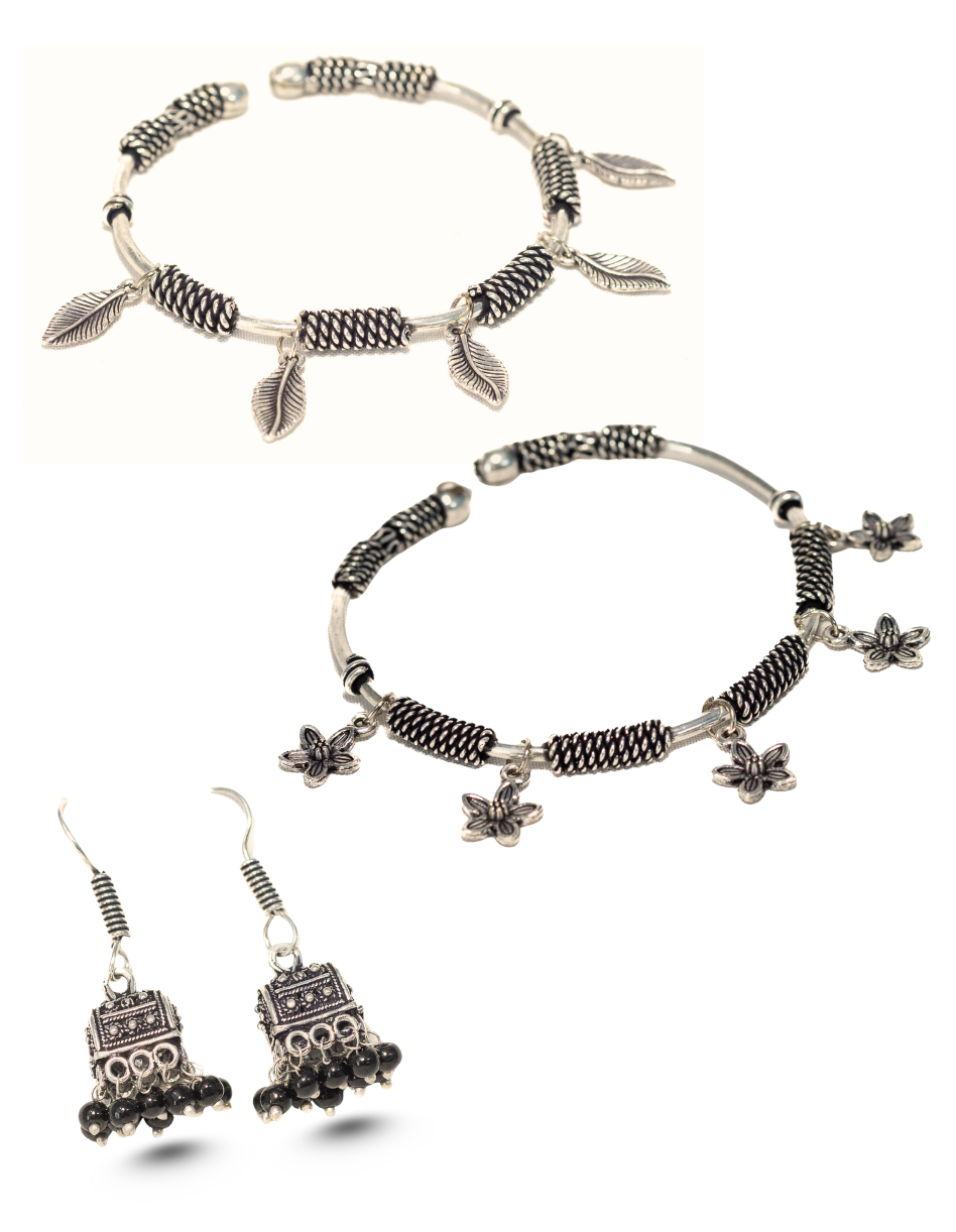 Swara Creations Oxidized Brass Bracelets & Earring Set SKU (405)