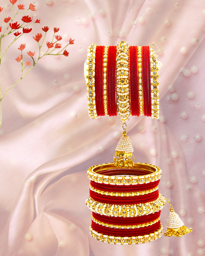 Swara Creations Red Metal velvet bangles Set with Pearl Latkan Kadas for Women and Girls(34Pcs)