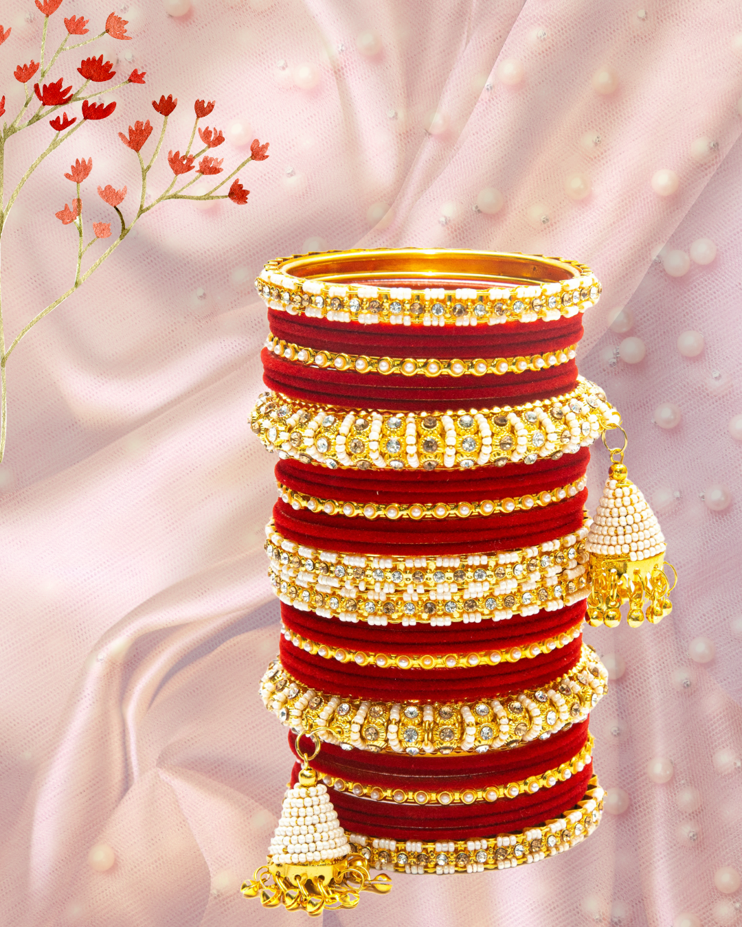 Swara Creations Red Metal velvet bangles Set with Pearl Latkan Kadas for Women and Girls(34Pcs)