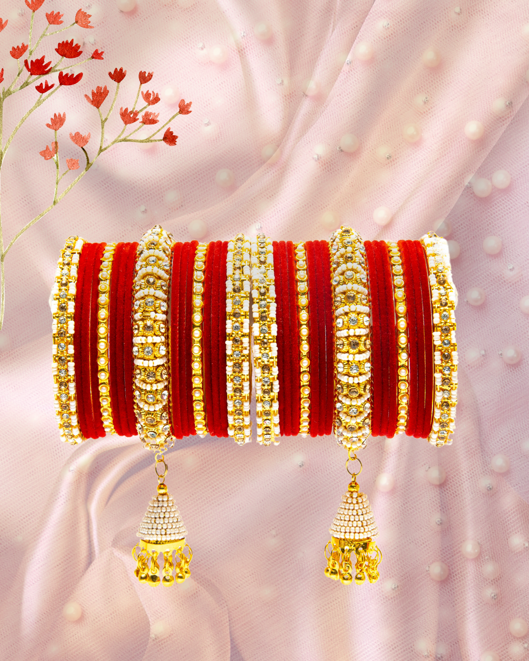 Swara Creations Red Metal velvet bangles Set with Pearl Latkan Kadas for Women and Girls(34Pcs)