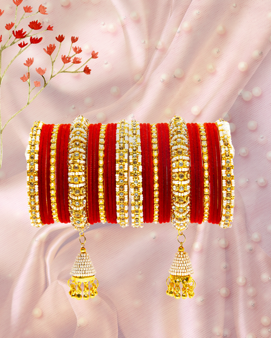 Swara Creations Red Metal velvet bangles Set with Pearl Latkan Kadas for Women and Girls(34Pcs)