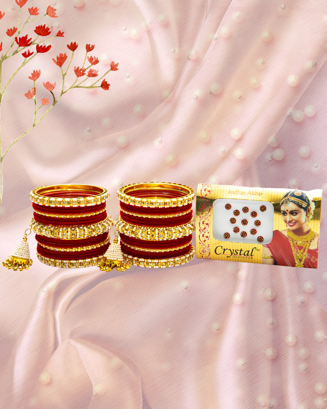 Swara Creations Red Metal velvet bangles Set with Pearl Latkan Kadas for Women and Girls(34Pcs)