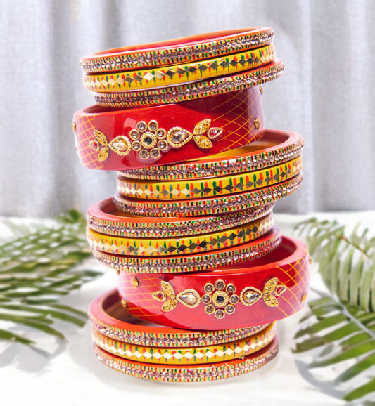 Swara Creations Lah/Lac bangles red and yellow color Set, LAHTHI Churi zircon work for Women and Girls(14pcs)